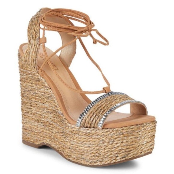 Schutz Natural Desert Aveline Lace Up Wedge Espadrilles Sandals Size 8.5 - Picture 1 of 16